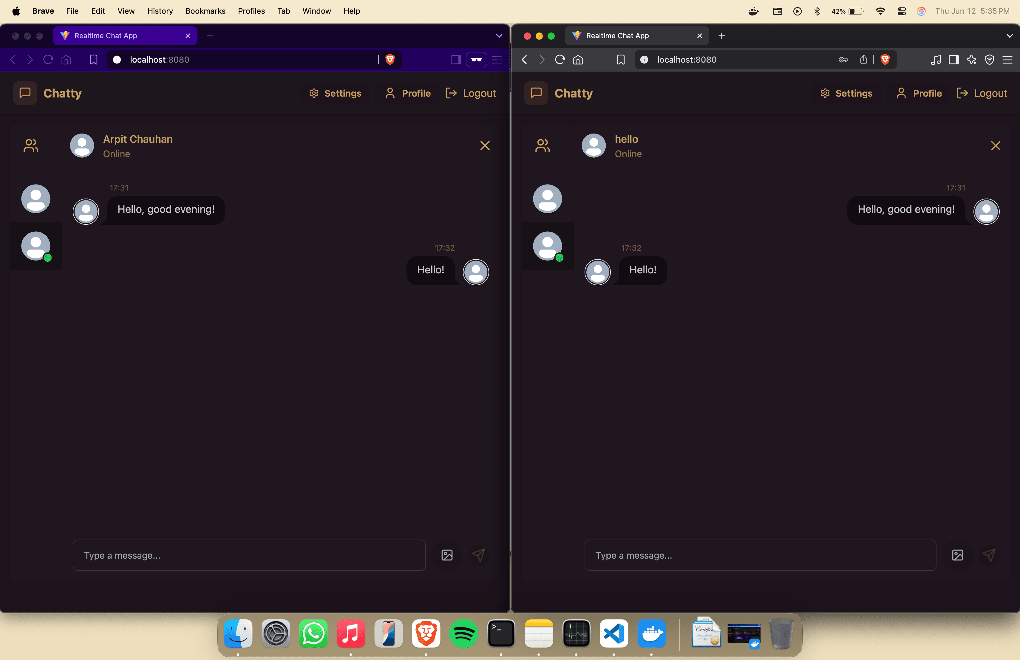 Real-time chat application interface running on Kubernetes