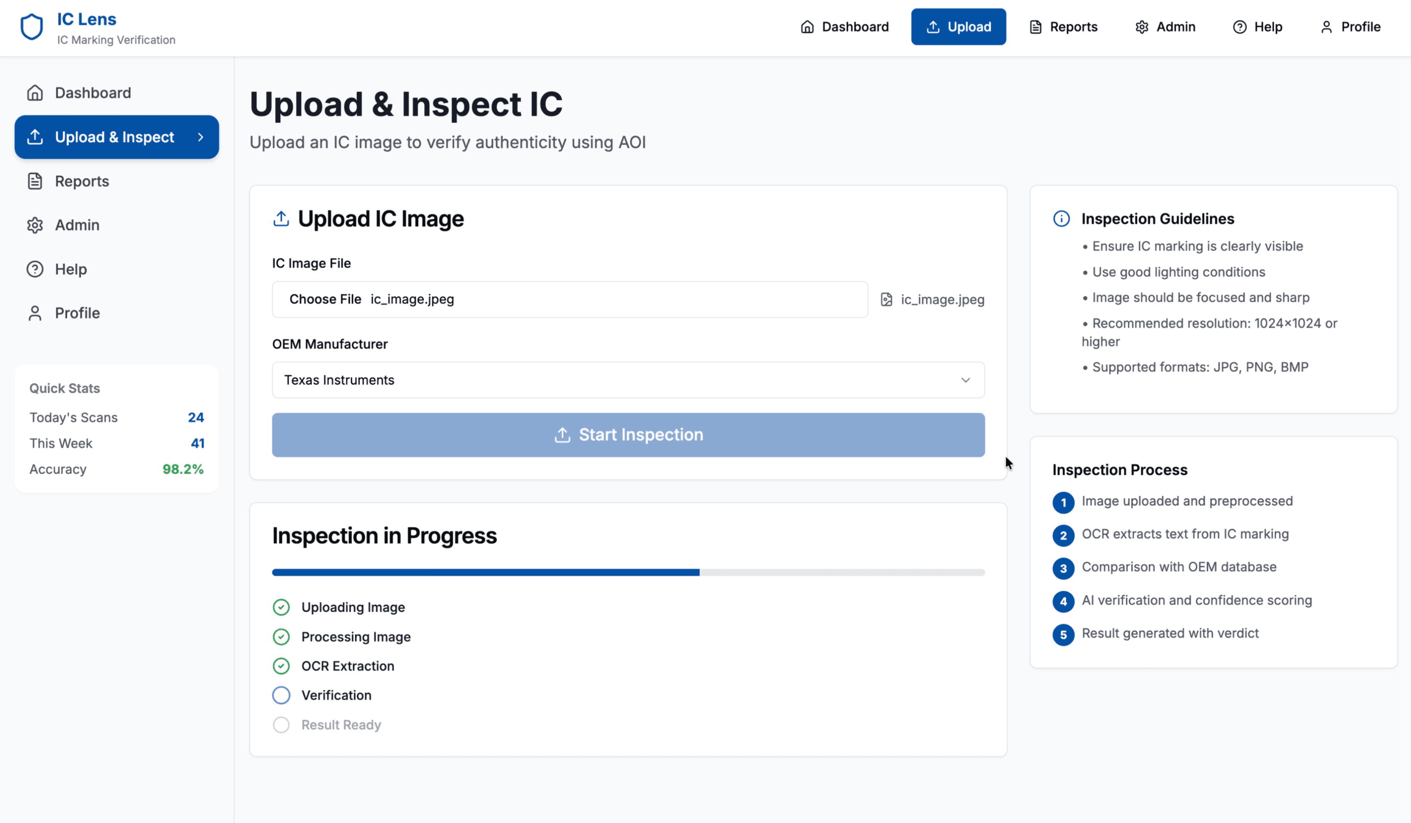 AOI Dashboard with statistics and charts