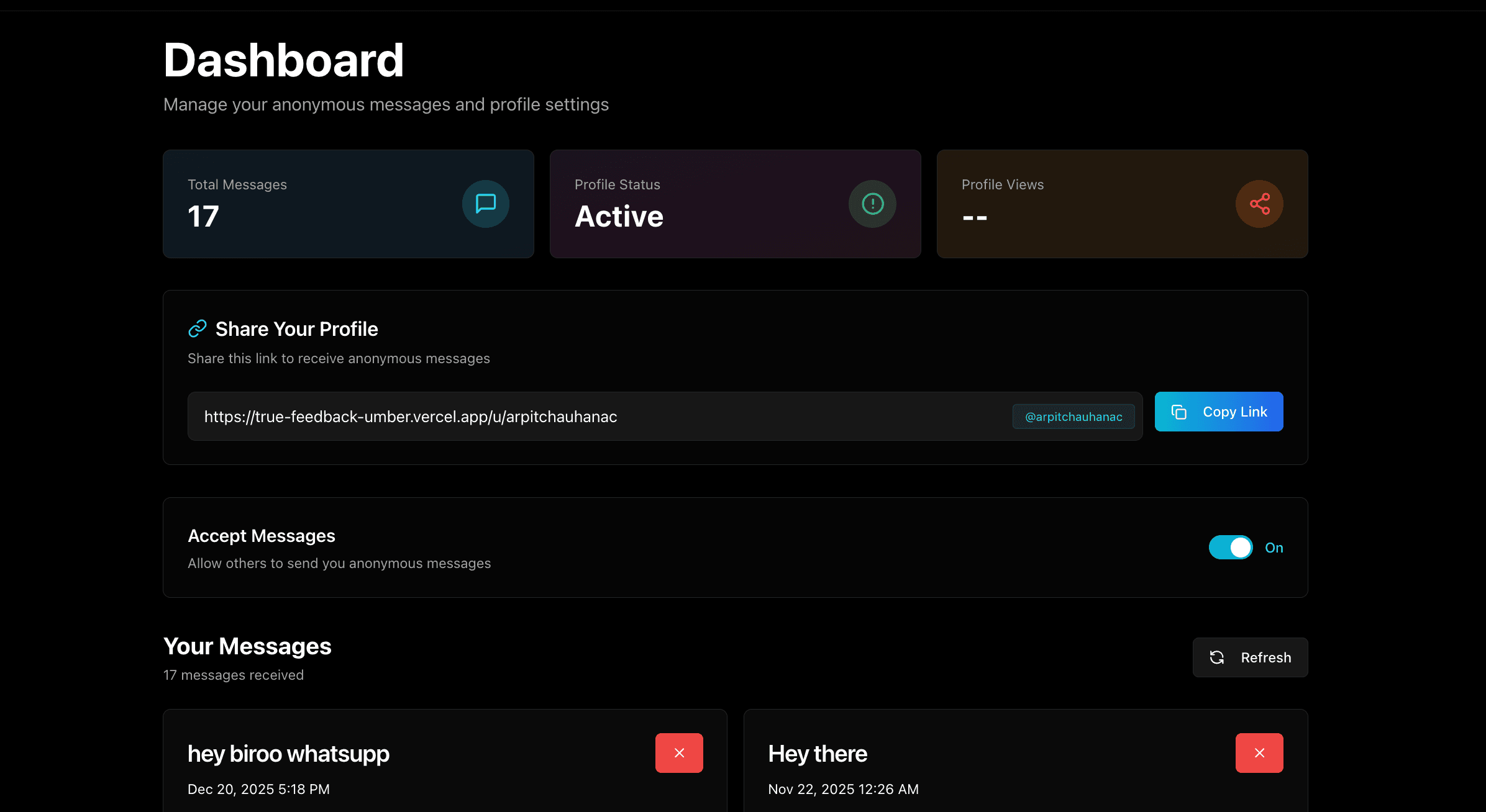 User dashboard with messages